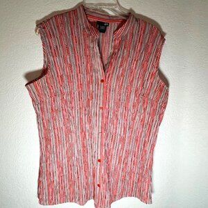 East 5th Orange, Black and White Stripe Sleeveless Button Up Blouse- Size XL